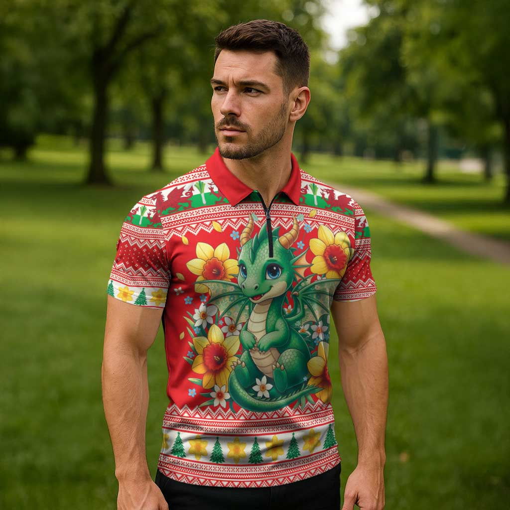 Wales Christmas Zipper Polo Shirt Cute Green Welsh Dragon and Daffodils - Wonder Print Shop