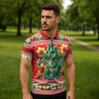 Wales Christmas Zipper Polo Shirt Cute Green Welsh Dragon and Daffodils - Wonder Print Shop