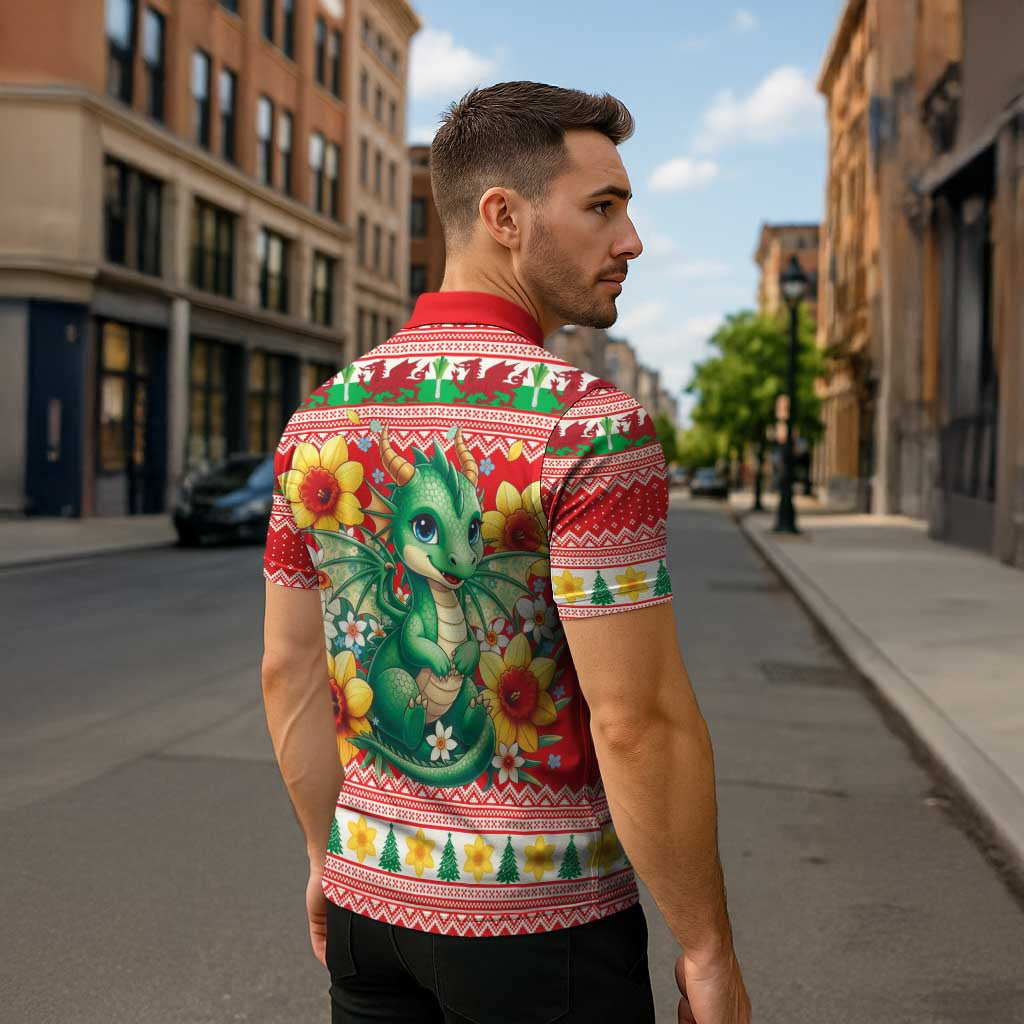 Wales Christmas Zipper Polo Shirt Cute Green Welsh Dragon and Daffodils - Wonder Print Shop