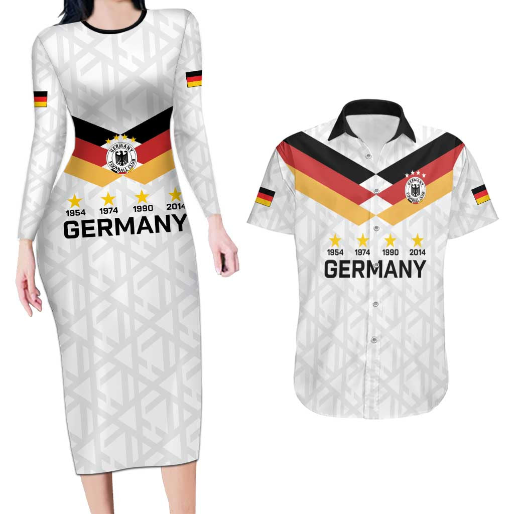 Custom World Football 2026 Germany Couples Matching Long Sleeve Bodycon Dress and Hawaiian Shirt Deutschland 4-Time Champions - Wonder Print Shop