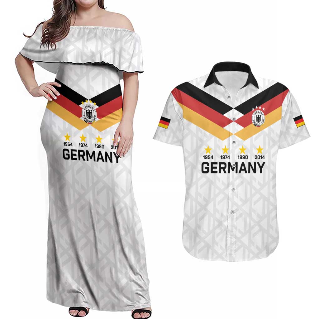 Custom World Football 2026 Germany Couples Matching Off Shoulder Maxi Dress and Hawaiian Shirt Deutschland 4-Time Champions - Wonder Print Shop