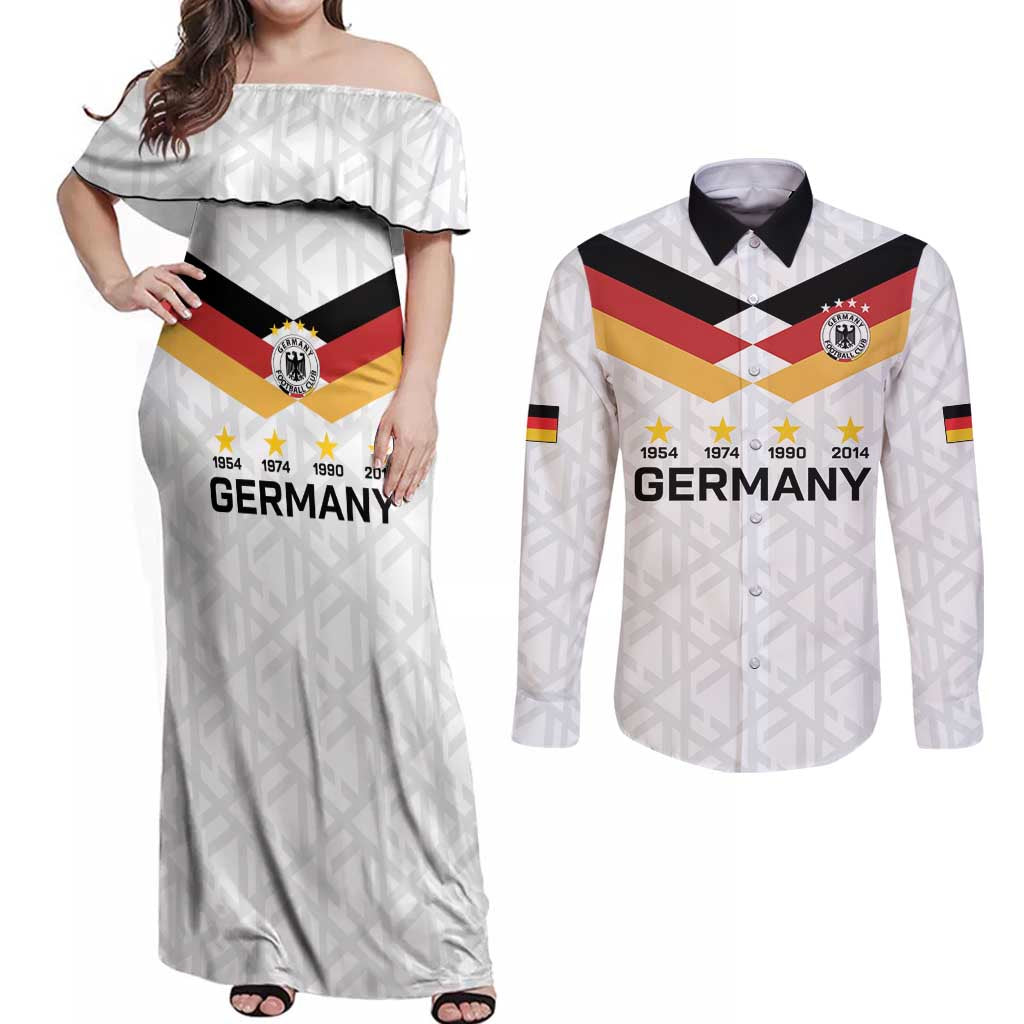 Custom World Football 2026 Germany Couples Matching Off Shoulder Maxi Dress and Long Sleeve Button Shirt Deutschland 4-Time Champions - Wonder Print Shop