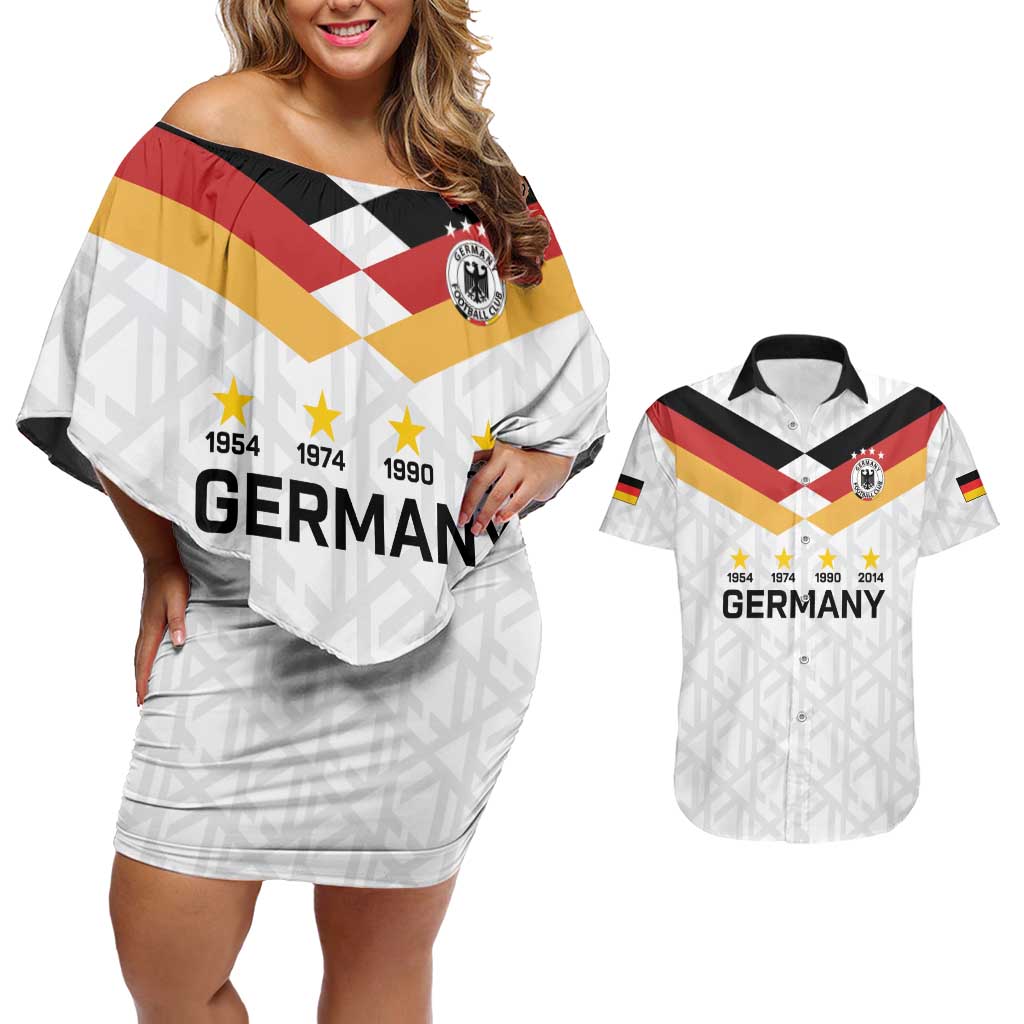 Custom World Football 2026 Germany Couples Matching Off Shoulder Short Dress and Hawaiian Shirt Deutschland 4-Time Champions - Wonder Print Shop