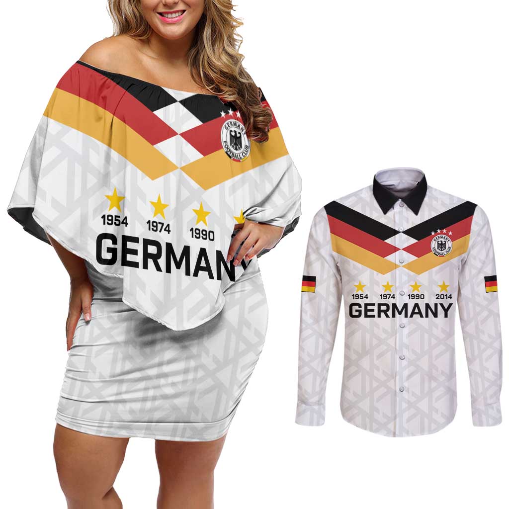 Custom World Football 2026 Germany Couples Matching Off Shoulder Short Dress and Long Sleeve Button Shirt Deutschland 4-Time Champions - Wonder Print Shop
