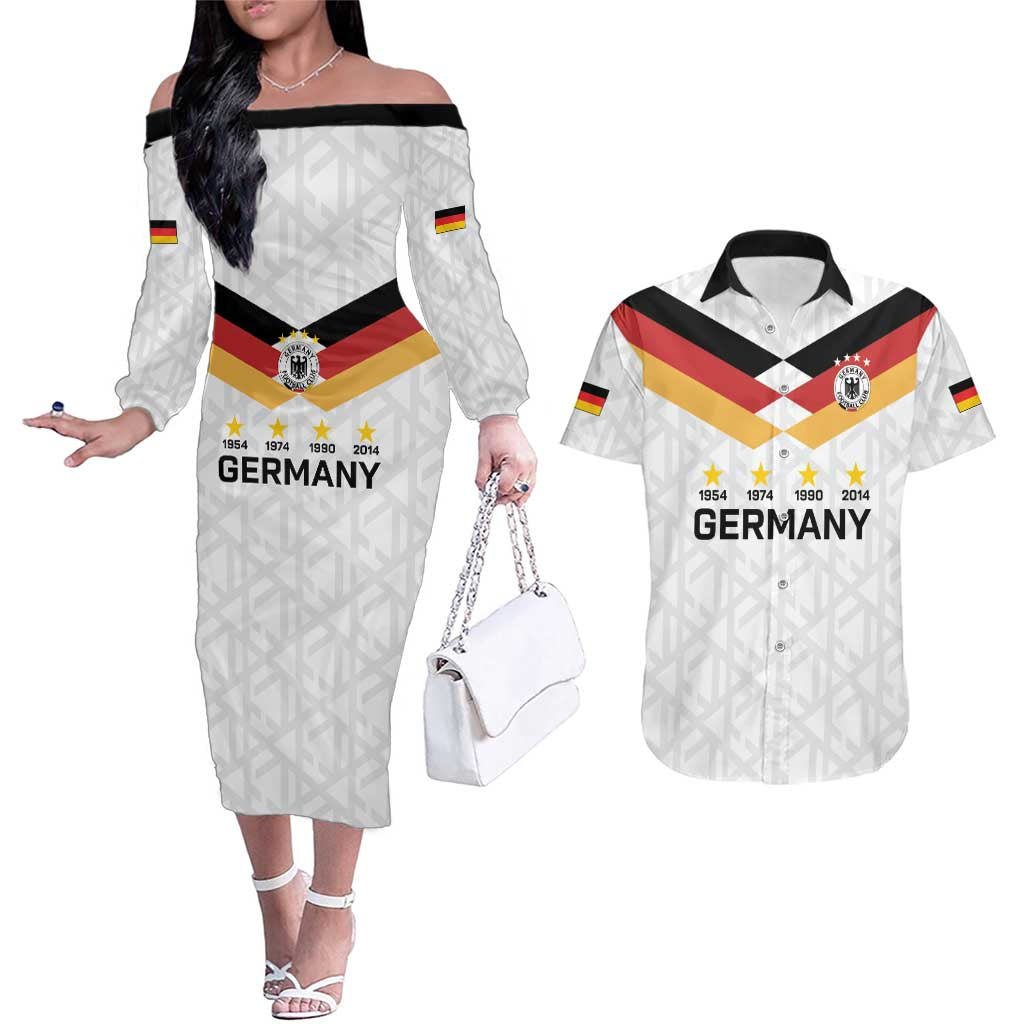 Custom World Football 2026 Germany Couples Matching Off The Shoulder Long Sleeve Dress and Hawaiian Shirt Deutschland 4-Time Champions - Wonder Print Shop