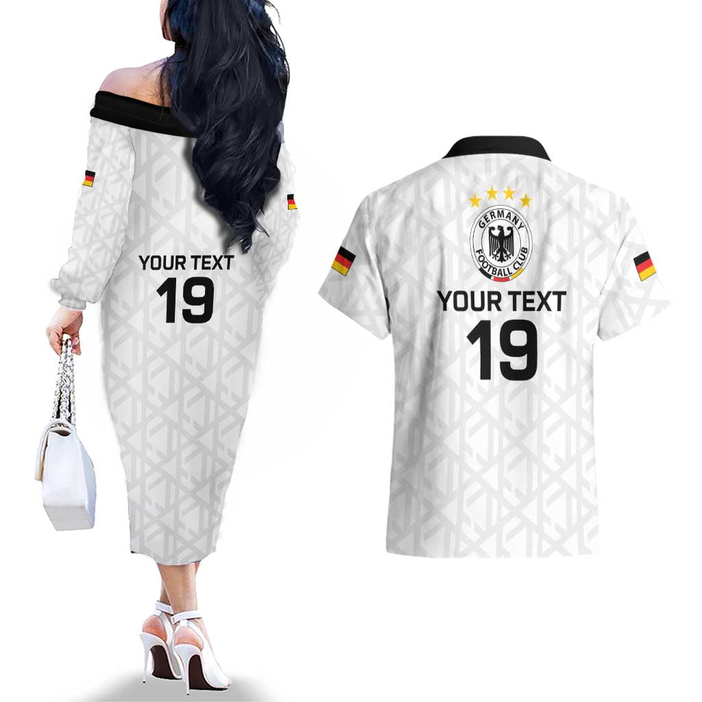 Custom World Football 2026 Germany Couples Matching Off The Shoulder Long Sleeve Dress and Hawaiian Shirt Deutschland 4-Time Champions - Wonder Print Shop