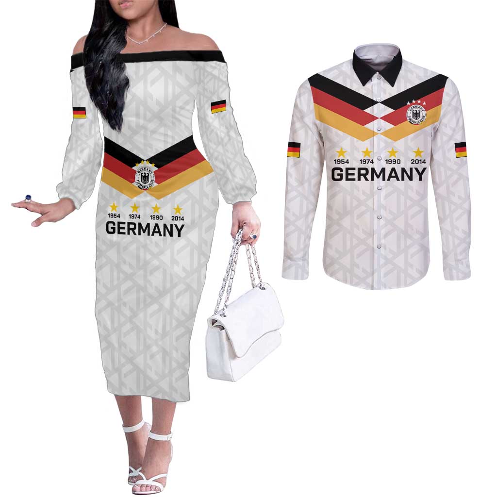 Custom World Football 2026 Germany Couples Matching Off The Shoulder Long Sleeve Dress and Long Sleeve Button Shirt Deutschland 4-Time Champions - Wonder Print Shop