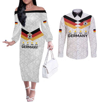 Custom World Football 2026 Germany Couples Matching Off The Shoulder Long Sleeve Dress and Long Sleeve Button Shirt Deutschland 4-Time Champions - Wonder Print Shop