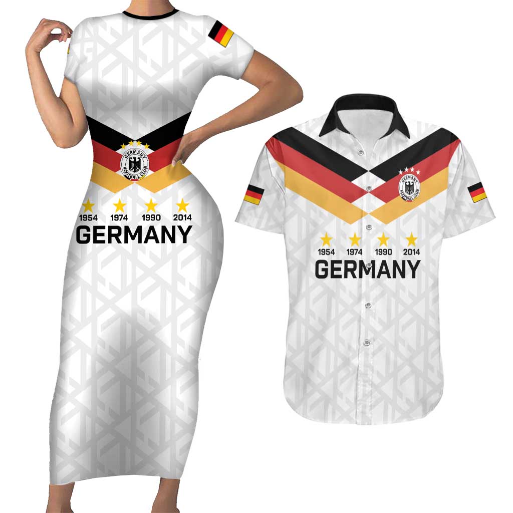 Custom World Football 2026 Germany Couples Matching Short Sleeve Bodycon Dress and Hawaiian Shirt Deutschland 4-Time Champions - Wonder Print Shop