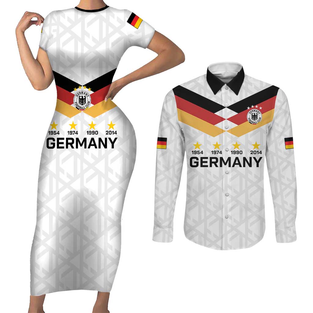Custom World Football 2026 Germany Couples Matching Short Sleeve Bodycon Dress and Long Sleeve Button Shirt Deutschland 4-Time Champions - Wonder Print Shop