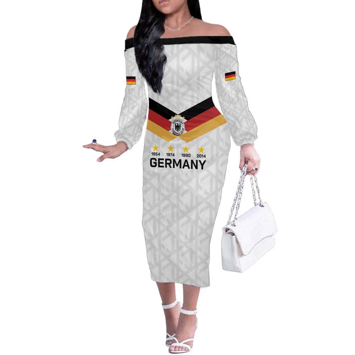 Custom World Football 2026 Germany Off The Shoulder Long Sleeve Dress Deutschland 4-Time Champions - Wonder Print Shop