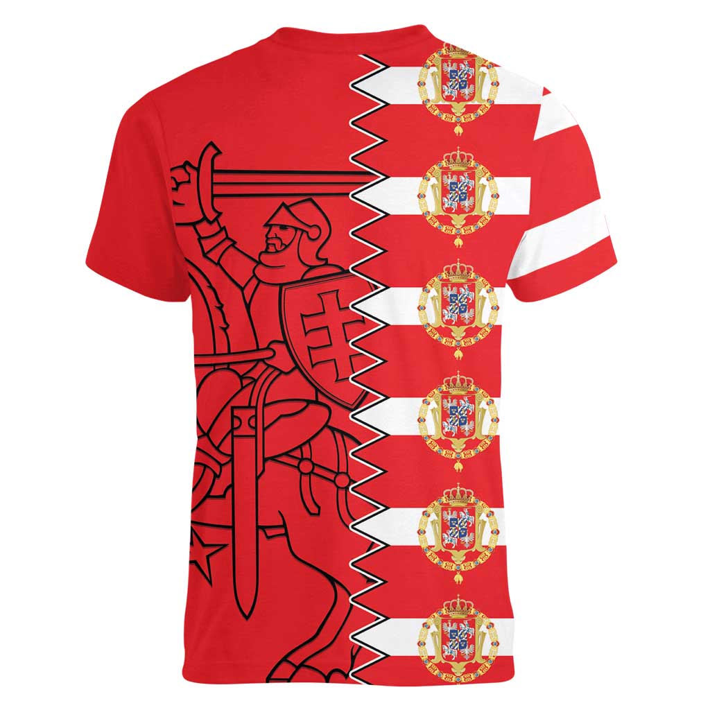Polish-Lithuanian Commonwealth Women V-Neck T-Shirt White Eagle Vytis Dual Heraldic