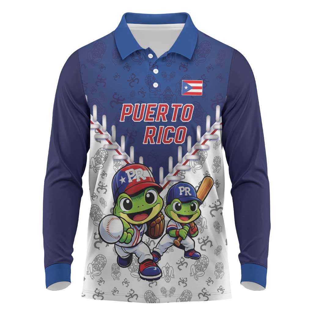 Puerto Rico Baseball Custom Long Sleeve Polo Shirt Boricua Coquí Baseball Mascot