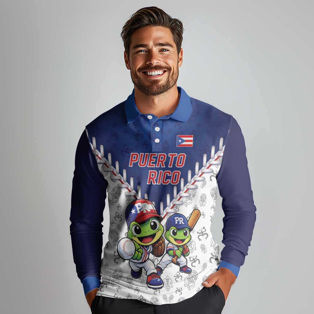 Puerto Rico Baseball Custom Long Sleeve Polo Shirt Boricua Coquí Baseball Mascot