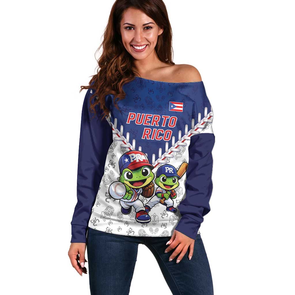 Puerto Rico Baseball Custom Off Shoulder Sweater Boricua Coquí Baseball Mascot