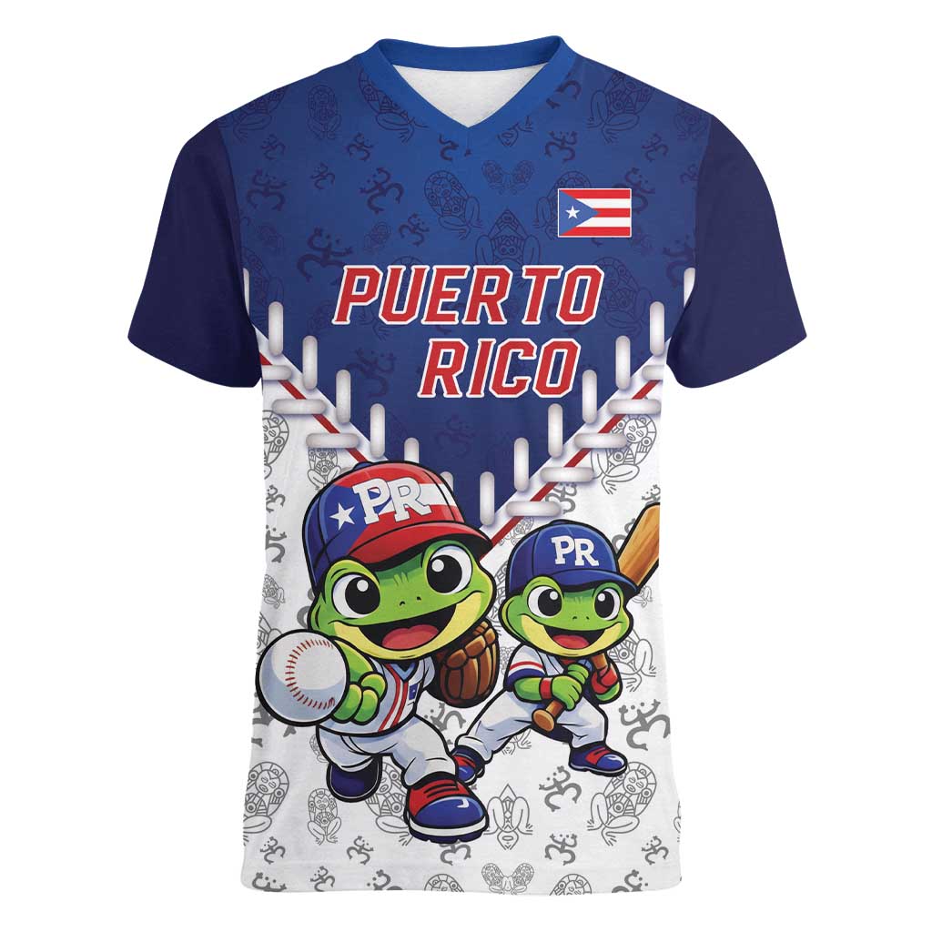 Puerto Rico Baseball Custom Women V-Neck T-Shirt Boricua Coquí Baseball Mascot