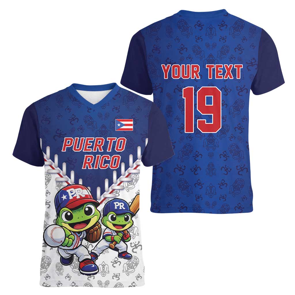 Puerto Rico Baseball Custom Women V-Neck T-Shirt Boricua Coquí Baseball Mascot