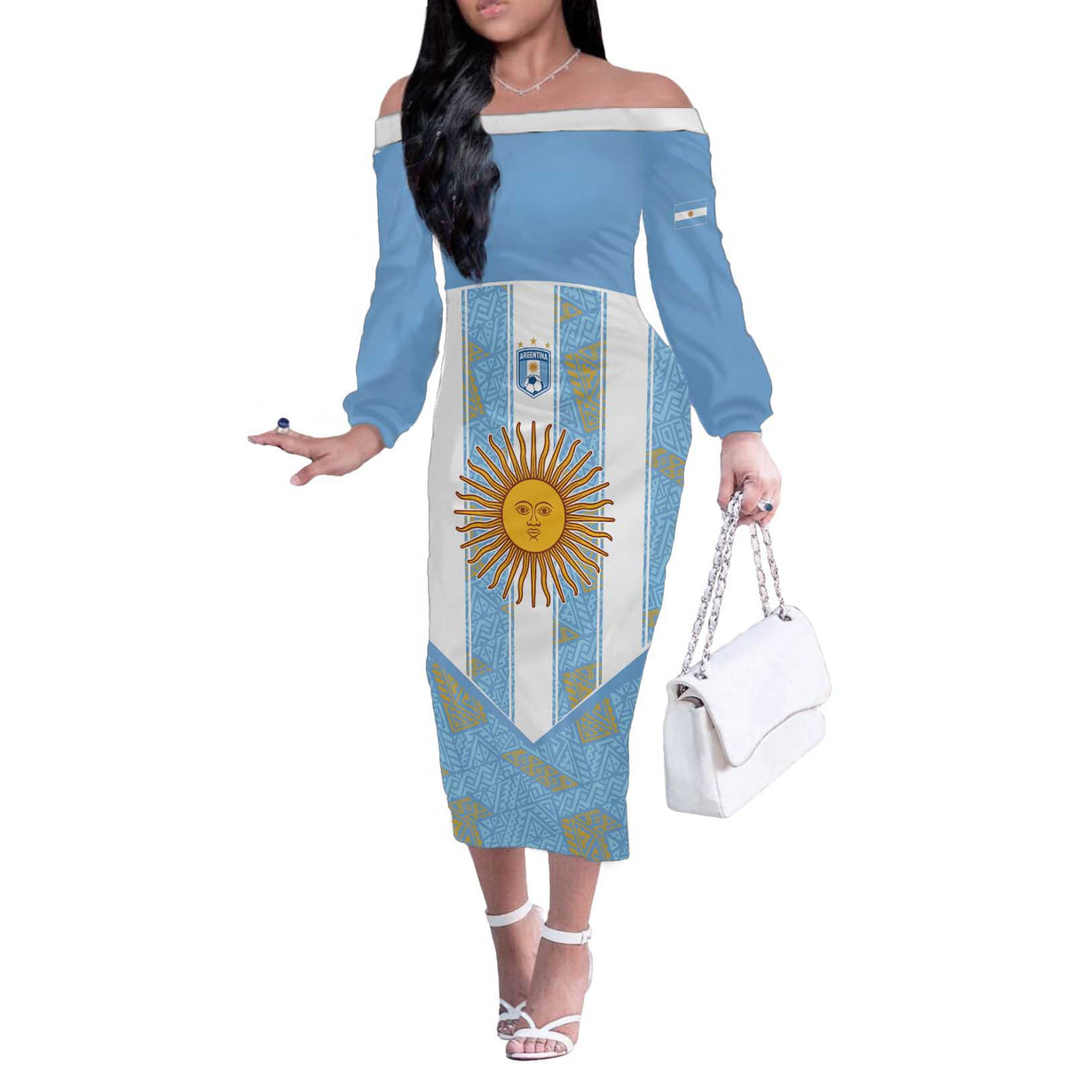 Custom World Football 2026 Argentina Off The Shoulder Long Sleeve Dress La Albiceleste Pride Sun of May