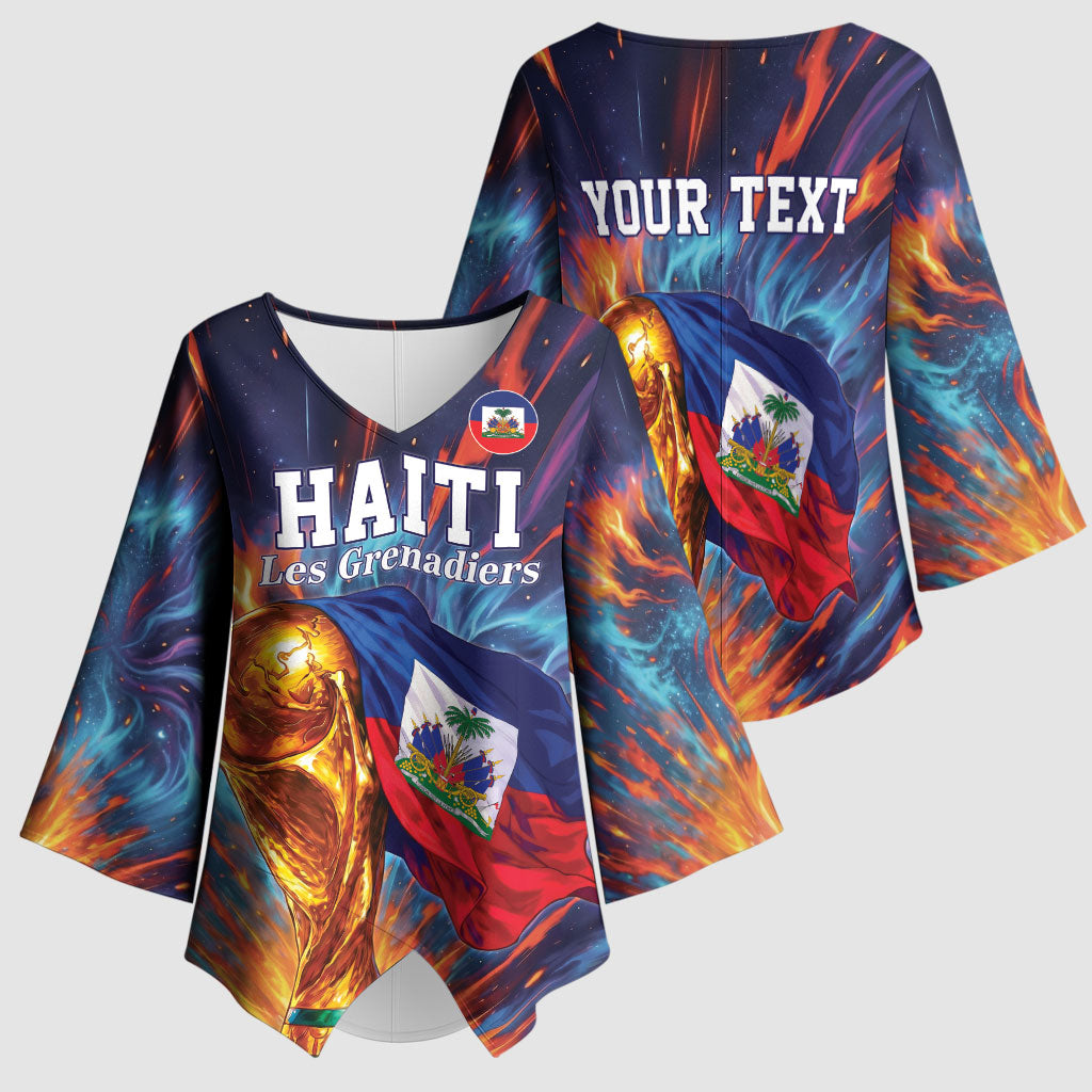 Personalized World Football 2026 Afro Haiti Kimono Sleeve Blouse Les Grenadiers Trophy Flag Art