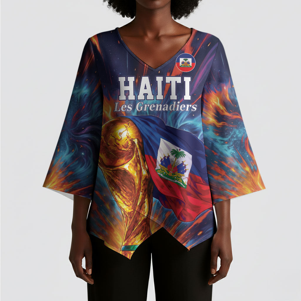 Personalized World Football 2026 Afro Haiti Kimono Sleeve Blouse Les Grenadiers Trophy Flag Art