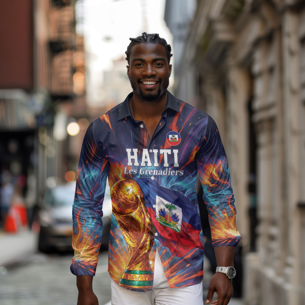 Personalized World Football 2026 Afro Haiti Long Sleeve Button Shirt Les Grenadiers Trophy Flag Art