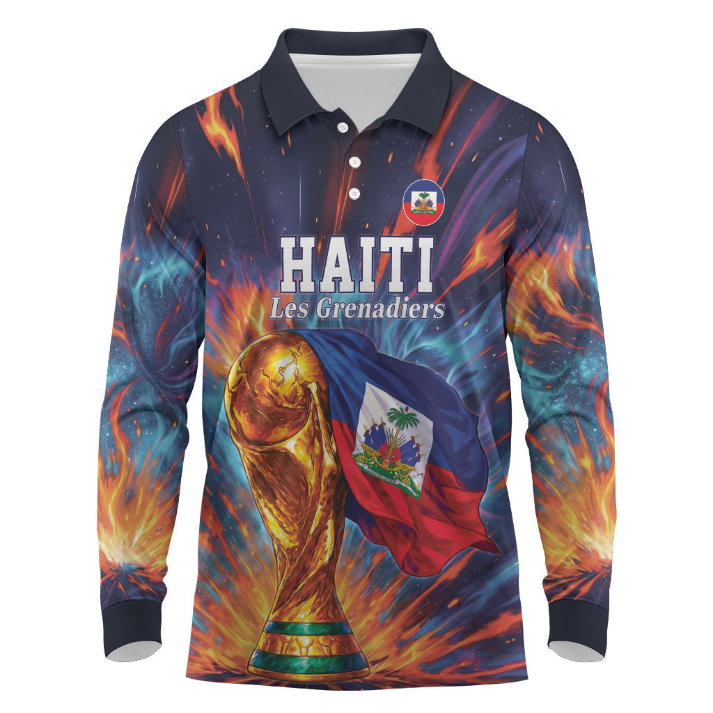 Personalized World Football 2026 Afro Haiti Long Sleeve Polo Shirt Les Grenadiers Trophy Flag Art