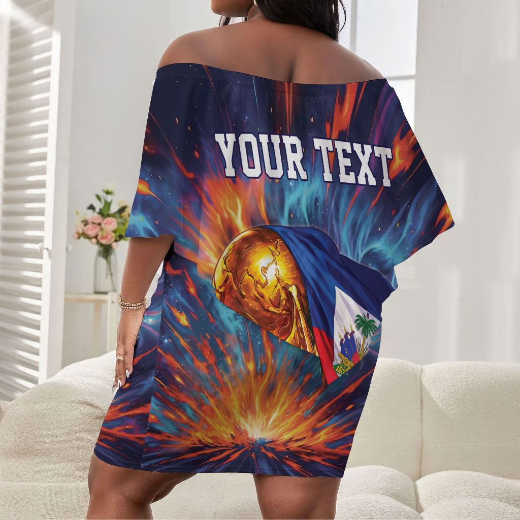 Personalized World Football 2026 Afro Haiti Off Shoulder Short Dress Les Grenadiers Trophy Flag Art