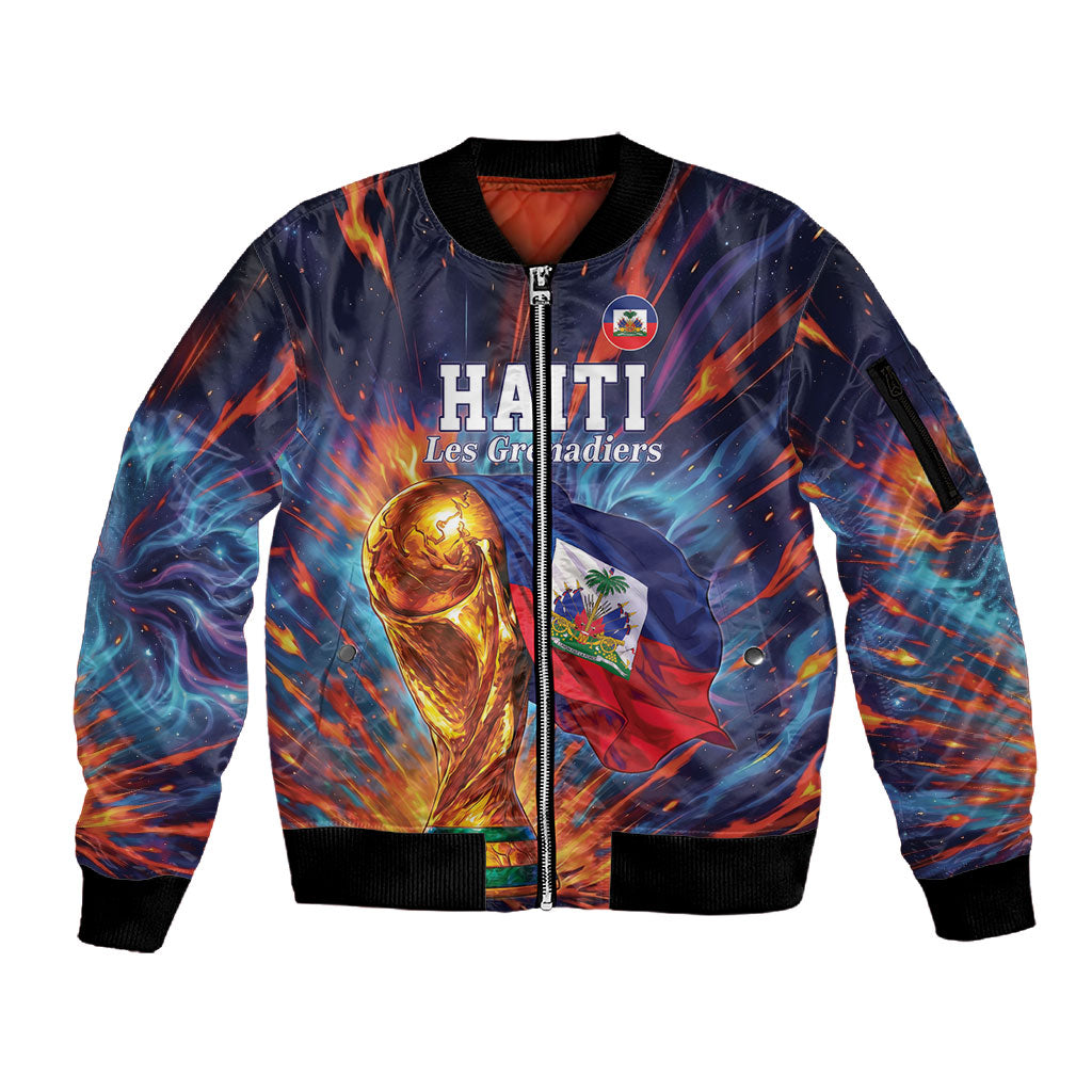 Personalized World Football 2026 Afro Haiti Sleeve Zip Bomber Jacket Les Grenadiers Trophy Flag Art