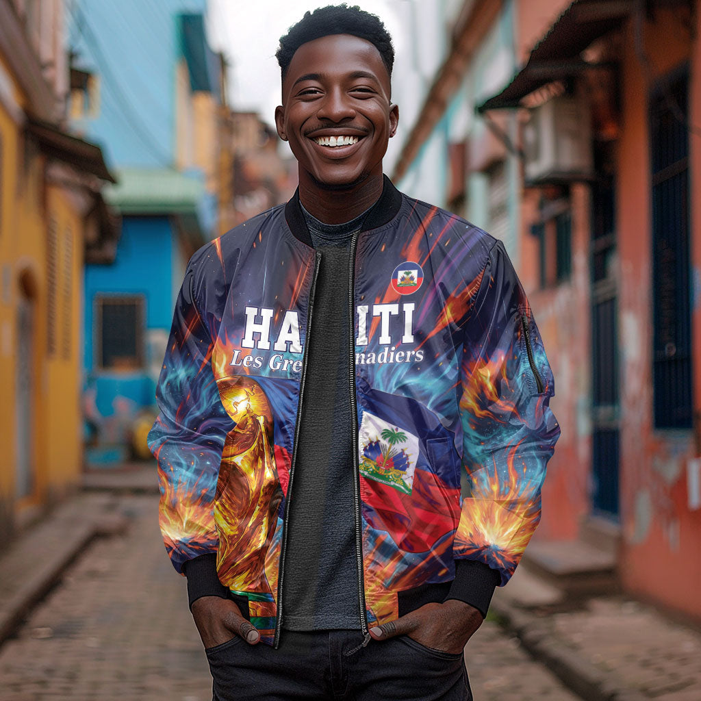 Personalized World Football 2026 Afro Haiti Sleeve Zip Bomber Jacket Les Grenadiers Trophy Flag Art