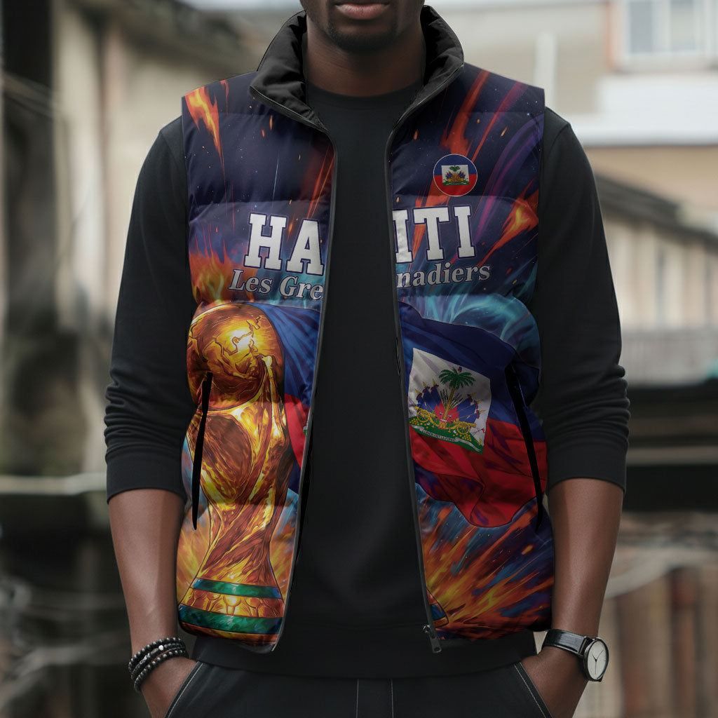 Personalized World Football 2026 Afro Haiti Sleeveless Puffer Jacket Les Grenadiers Trophy Flag Art