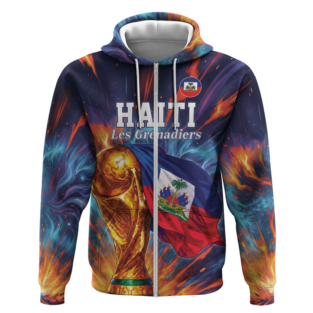 Personalized World Football 2026 Afro Haiti Zip Hoodie Les Grenadiers Trophy Flag Art