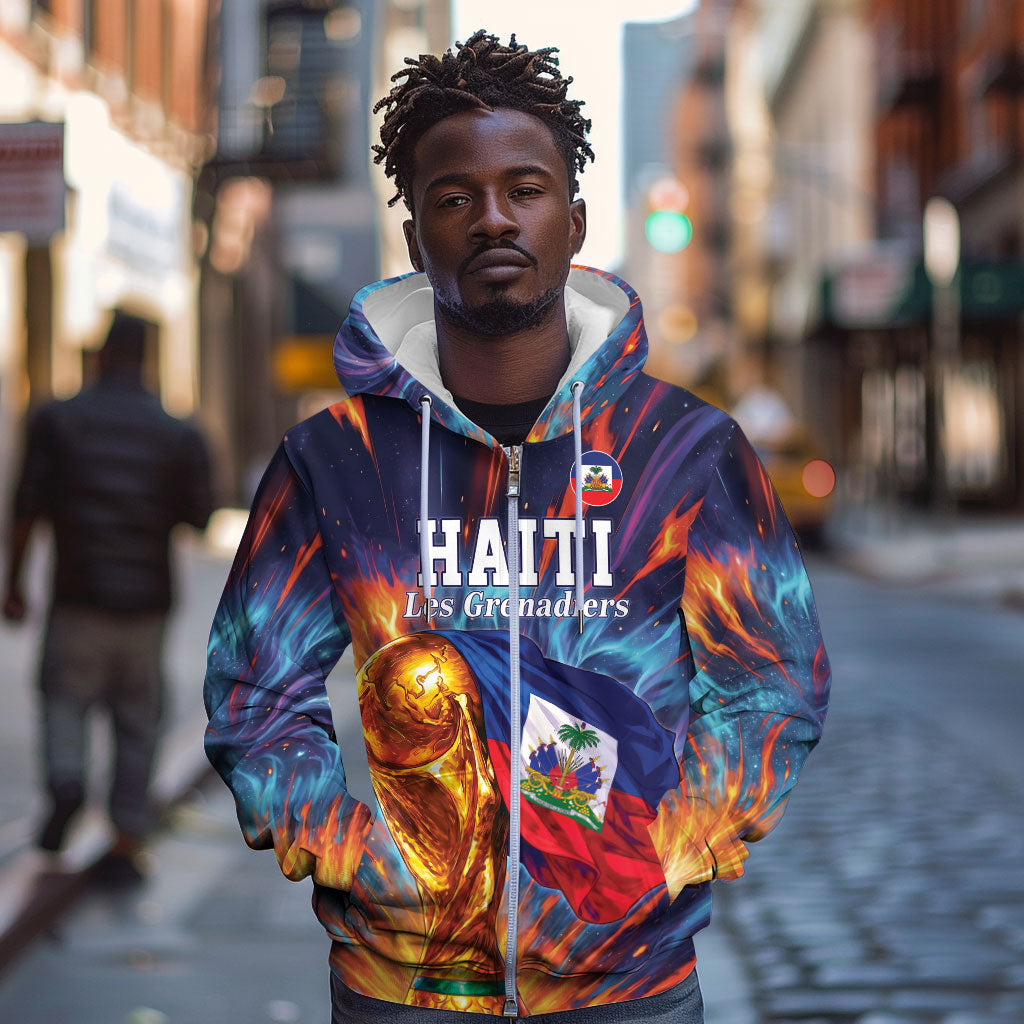 Personalized World Football 2026 Afro Haiti Zip Hoodie Les Grenadiers Trophy Flag Art