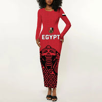 Custom World Football 2026 Egypt Long Sleeve Bodycon Dress Pharaohs Hieroglyphs Pride Red Version