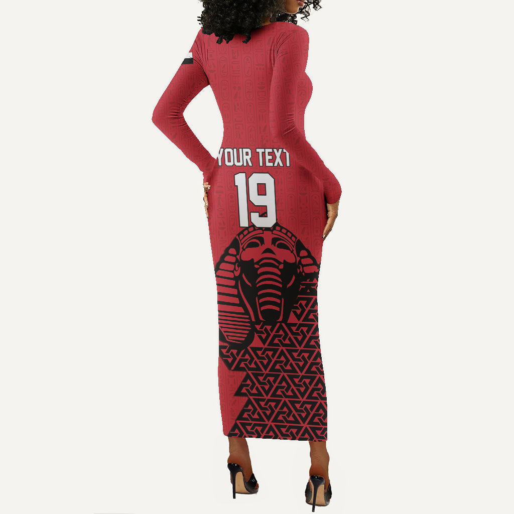 Custom World Football 2026 Egypt Long Sleeve Bodycon Dress Pharaohs Hieroglyphs Pride Red Version