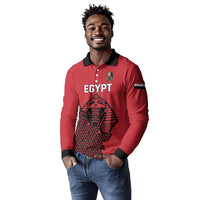 Custom World Football 2026 Egypt Long Sleeve Polo Shirt Pharaohs Hieroglyphs Pride Red Version