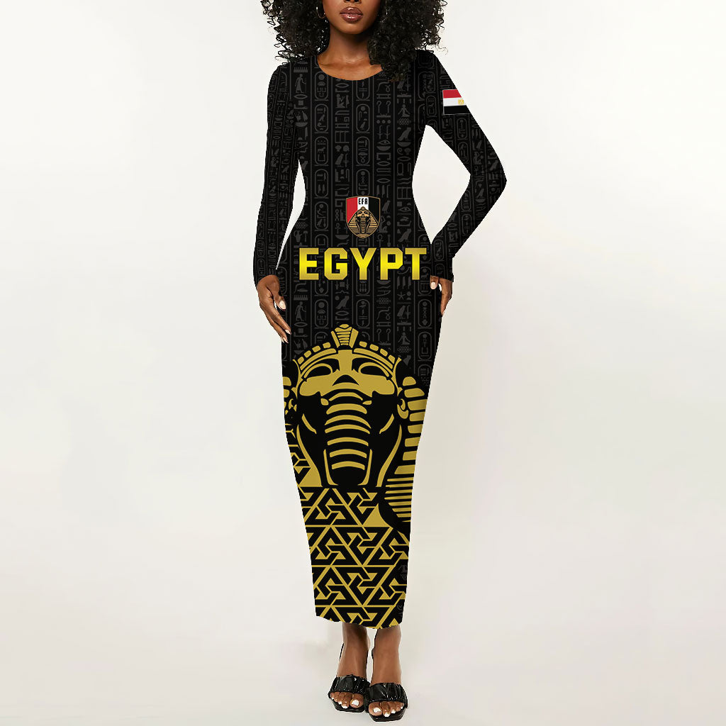 Custom World Football 2026 Egypt Long Sleeve Bodycon Dress Pharaohs Hieroglyphs Pride Black Version