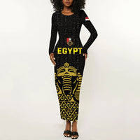 Custom World Football 2026 Egypt Long Sleeve Bodycon Dress Pharaohs Hieroglyphs Pride Black Version