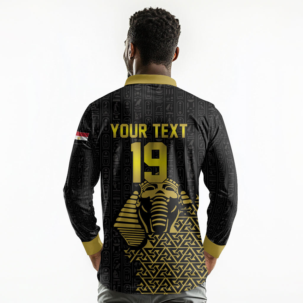 Custom World Football 2026 Egypt Long Sleeve Polo Shirt Pharaohs Hieroglyphs Pride Black Version