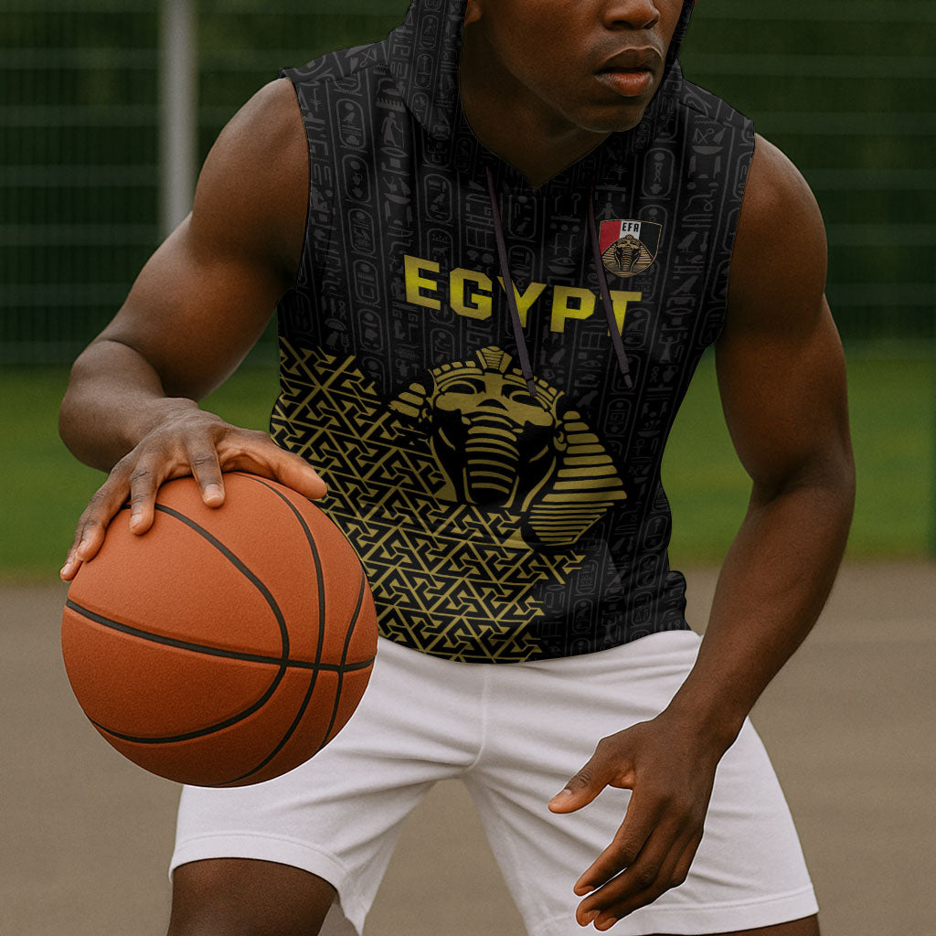 Custom World Football 2026 Egypt Sleeveless Hoodie Pharaohs Hieroglyphs Pride Black Version
