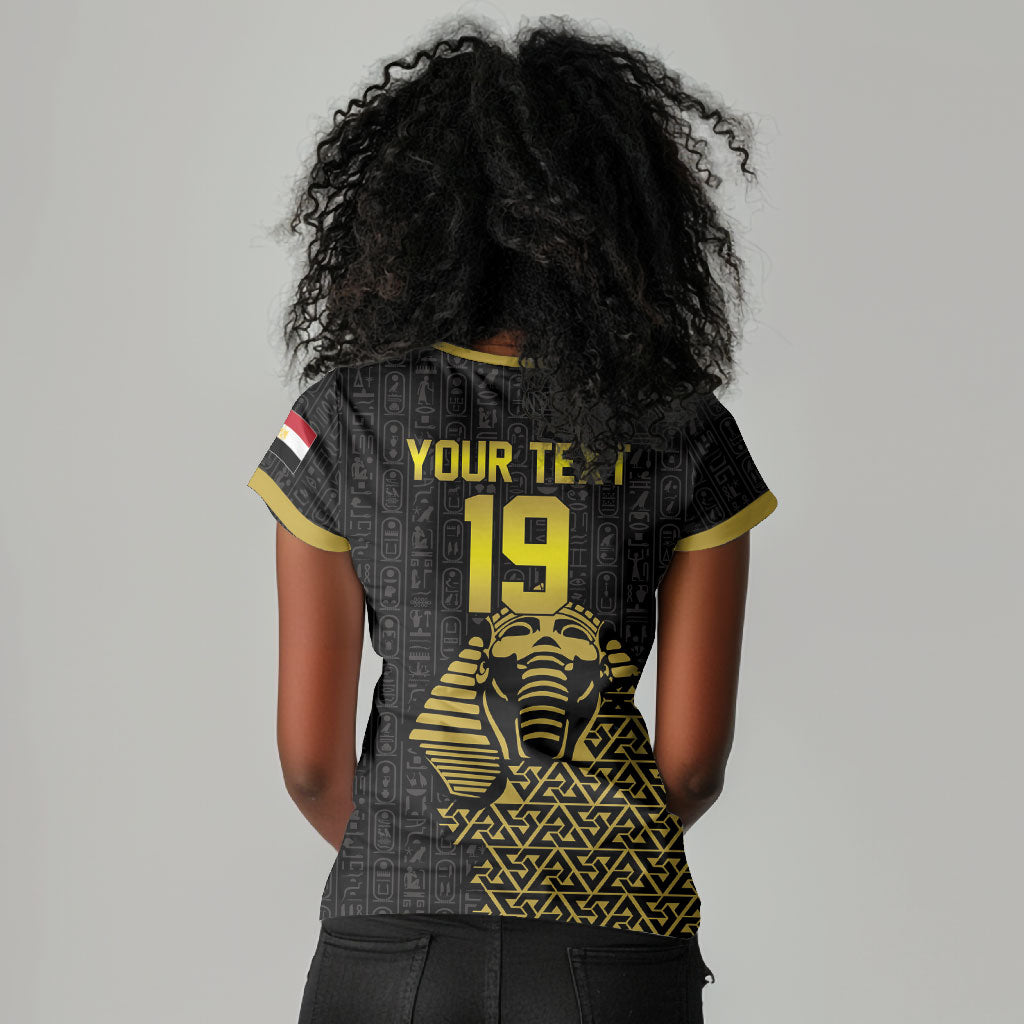 Custom World Football 2026 Egypt Women V-Neck T-Shirt Pharaohs Hieroglyphs Pride Black Version