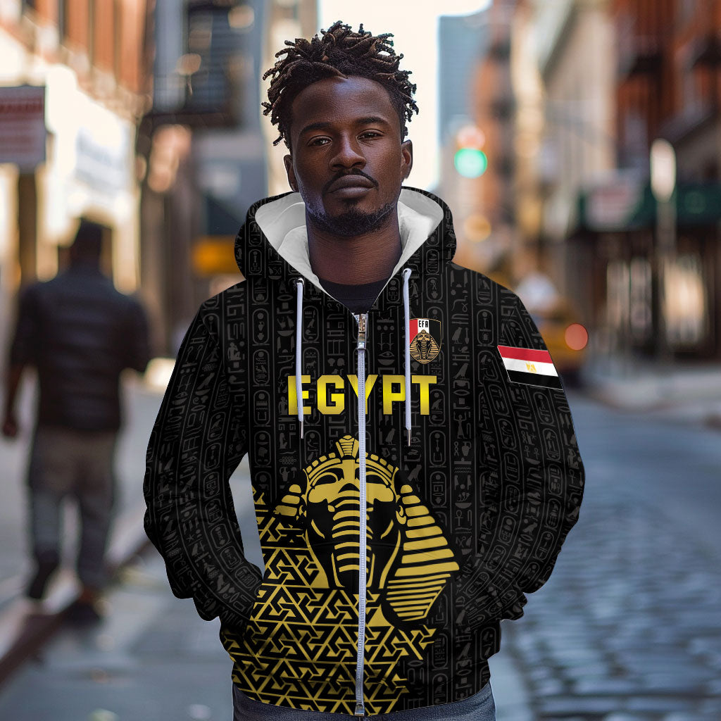 Custom World Football 2026 Egypt Zip Hoodie Pharaohs Hieroglyphs Pride Black Version