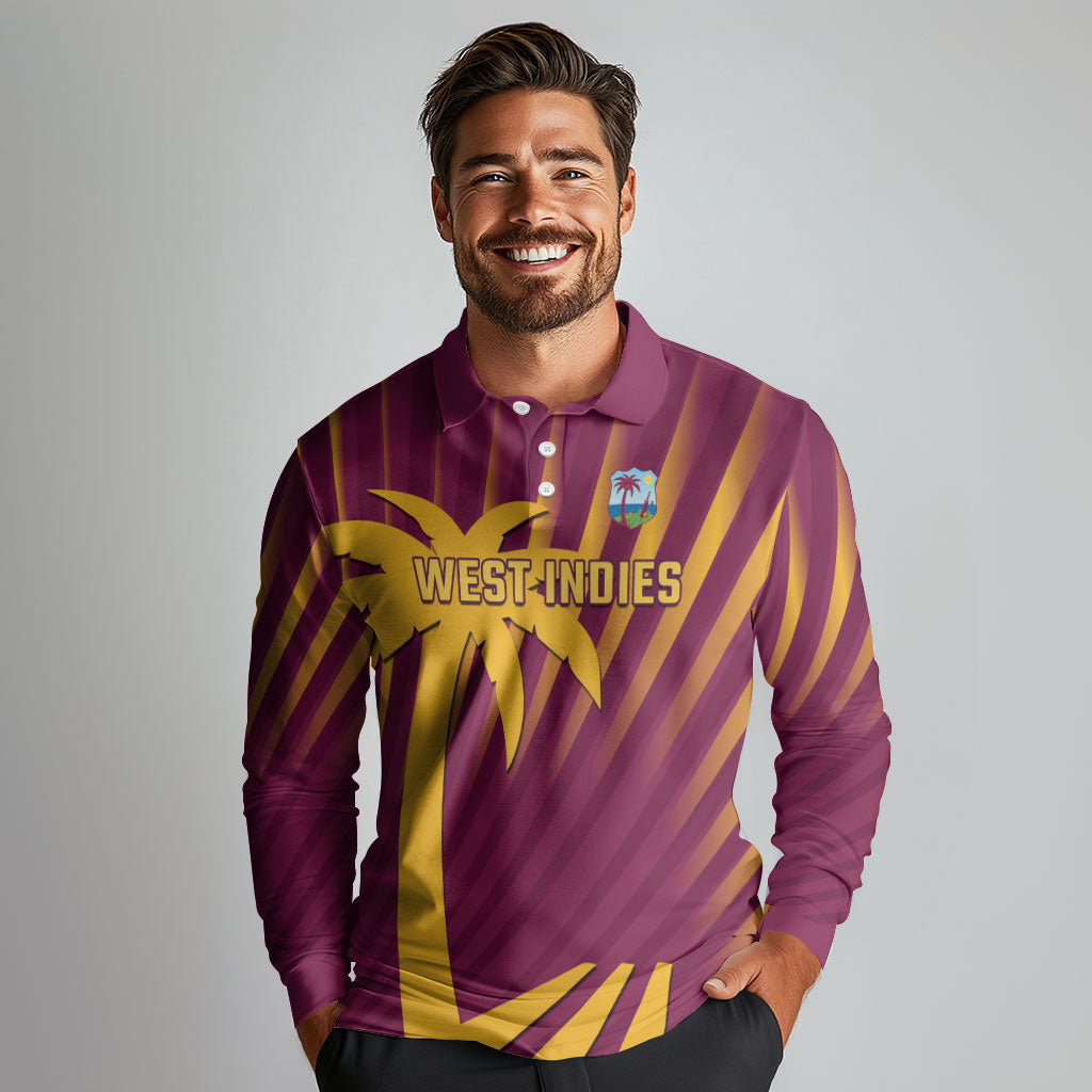 Custom West Indies Cricket Long Sleeve Polo Shirt Palm Tree Sunburst Glory