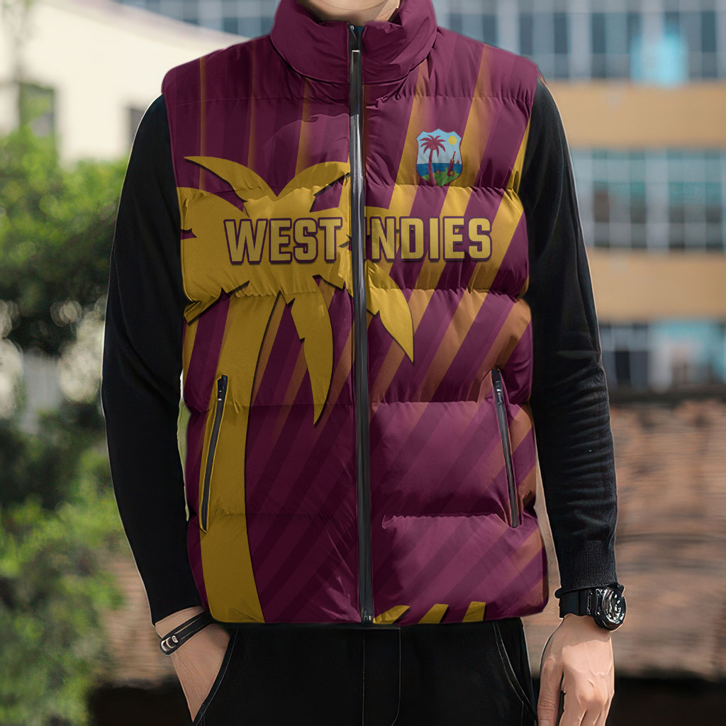 Custom West Indies Cricket Sleeveless Puffer Jacket Palm Tree Sunburst Glory
