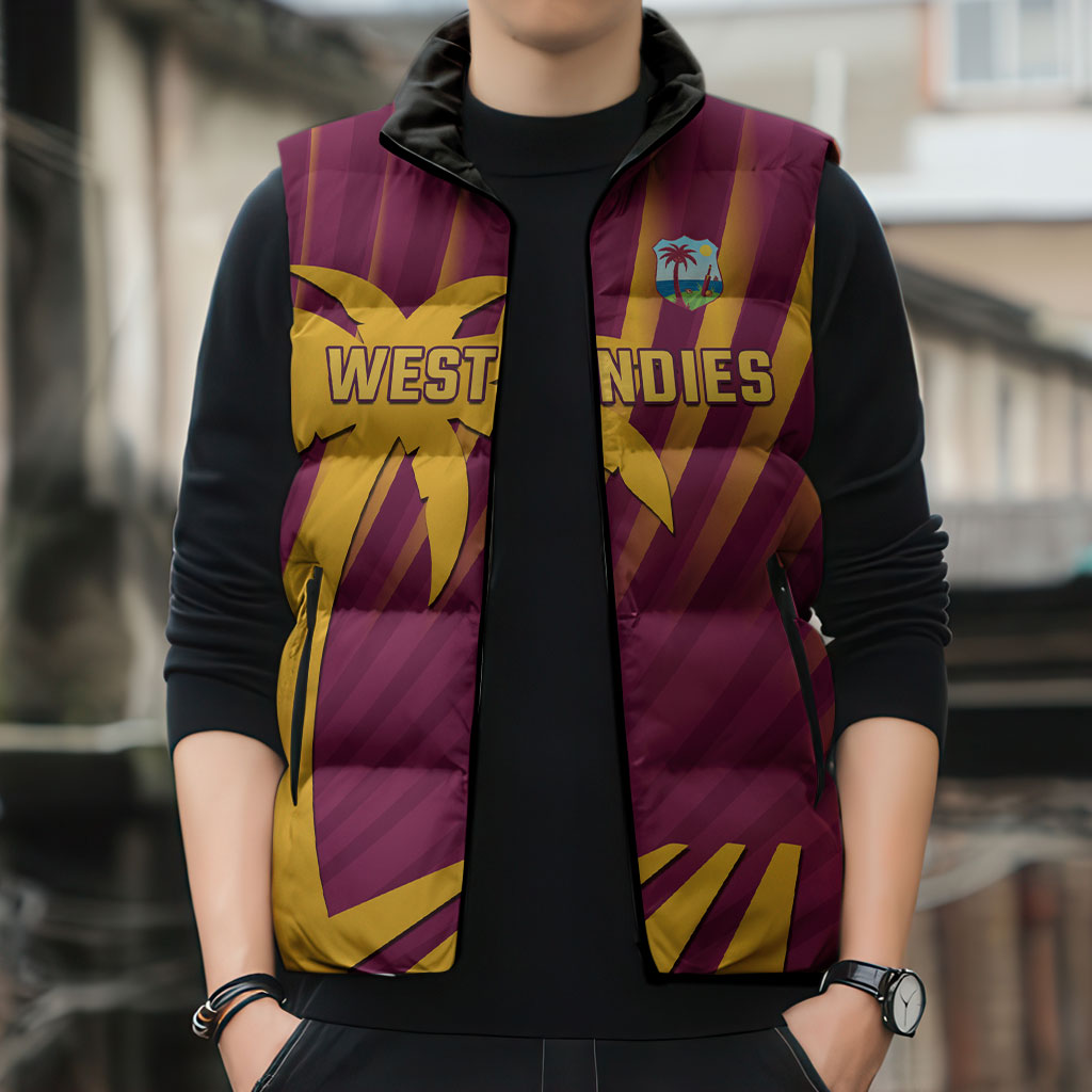 Custom West Indies Cricket Sleeveless Puffer Jacket Palm Tree Sunburst Glory