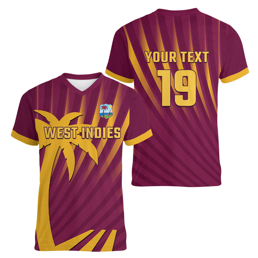 Custom West Indies Cricket Women V-Neck T-Shirt Palm Tree Sunburst Glory