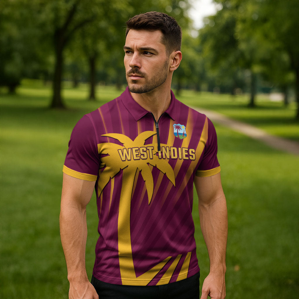 Custom West Indies Cricket Zipper Polo Shirt Palm Tree Sunburst Glory