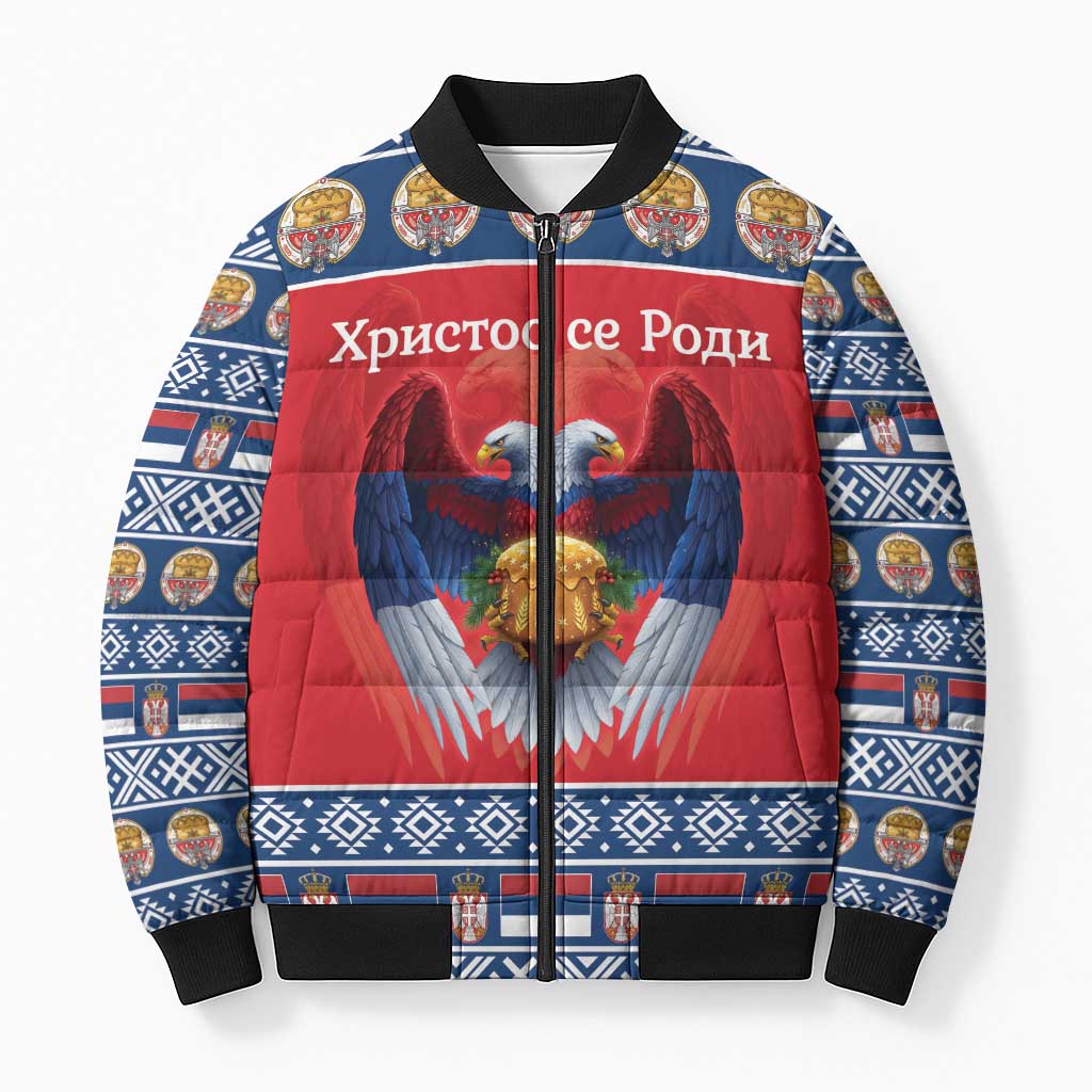 Personalized Serbia Christmas Bomber Puffer Jacket Eagle with Cesnica Christmas Bread - Wonder Print Shop