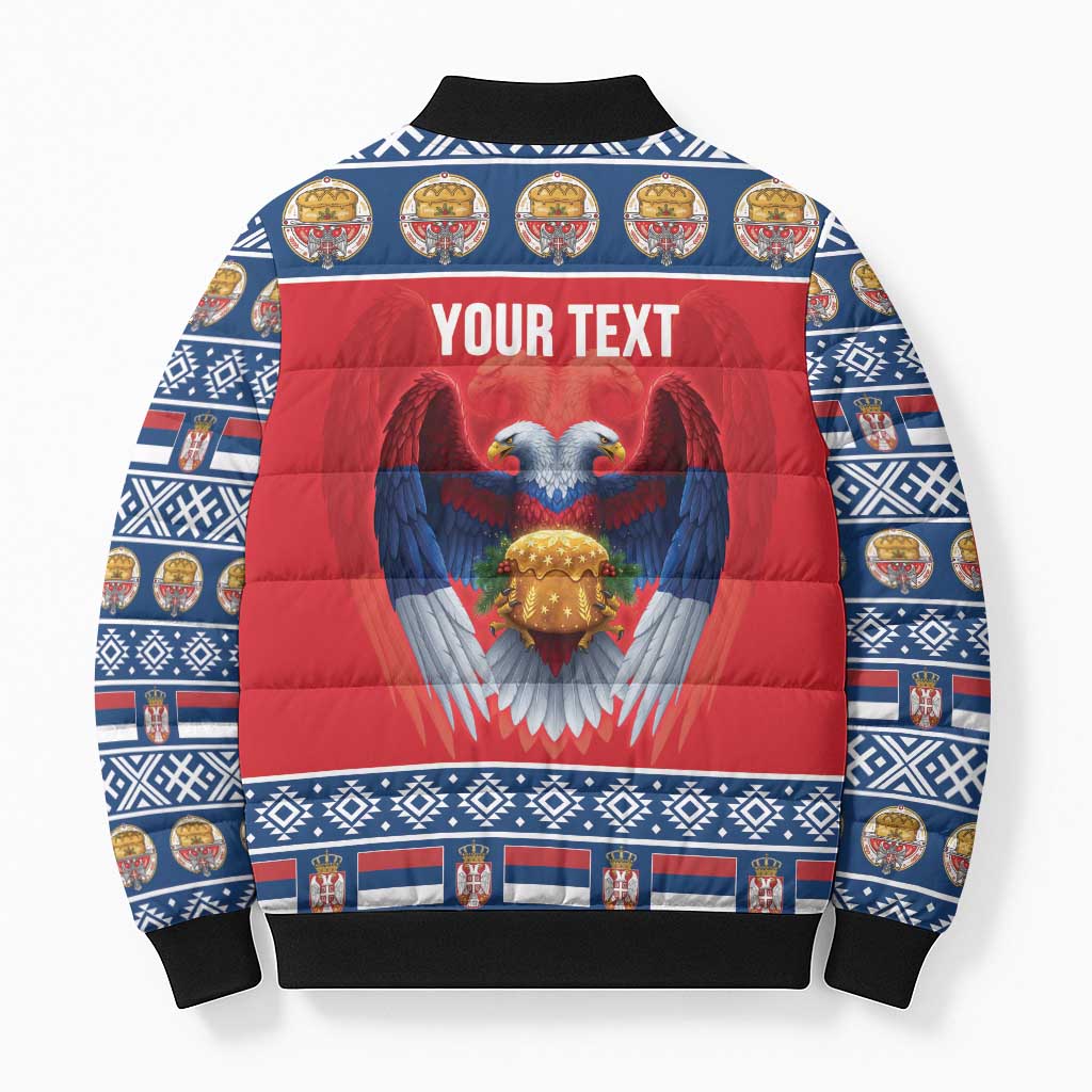 Personalized Serbia Christmas Bomber Puffer Jacket Eagle with Cesnica Christmas Bread - Wonder Print Shop