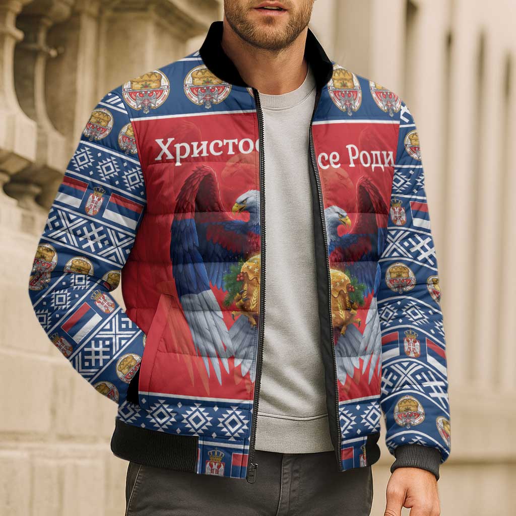 Personalized Serbia Christmas Bomber Puffer Jacket Eagle with Cesnica Christmas Bread - Wonder Print Shop