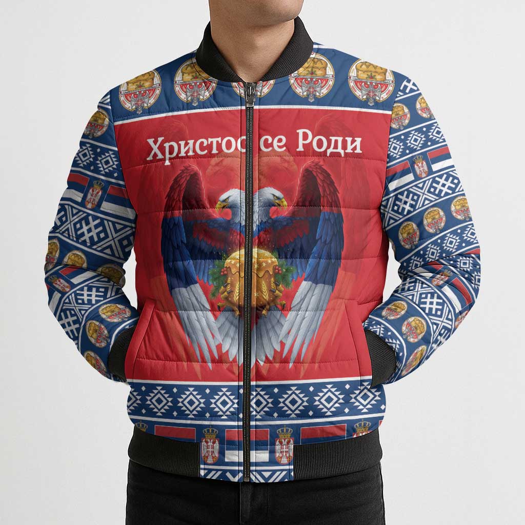 Personalized Serbia Christmas Bomber Puffer Jacket Eagle with Cesnica Christmas Bread - Wonder Print Shop